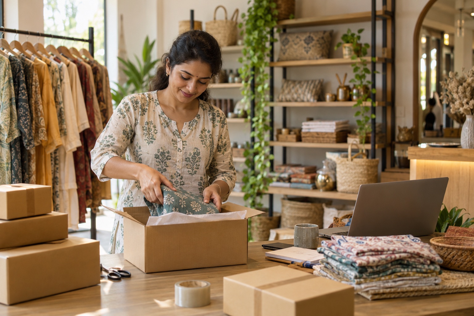 A retail business owner preparing online orders in a boutique