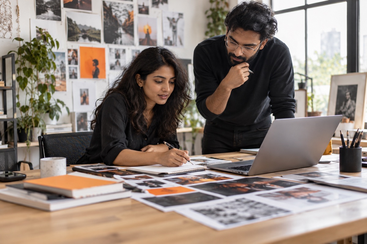 Illustrative content team planning stories and campaign material