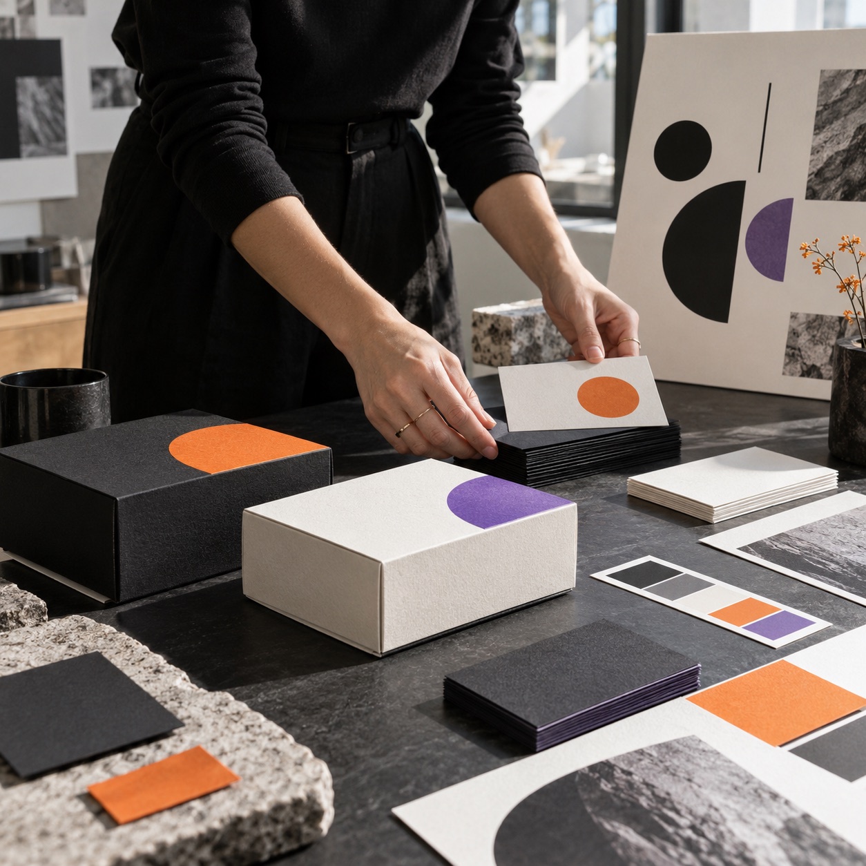 Branding team reviewing visual identity and packaging samples
