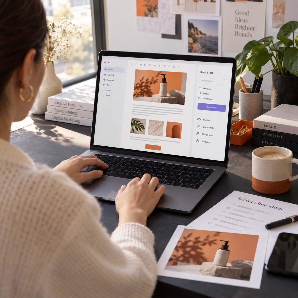 Marketer reviewing an email newsletter campaign on a laptop