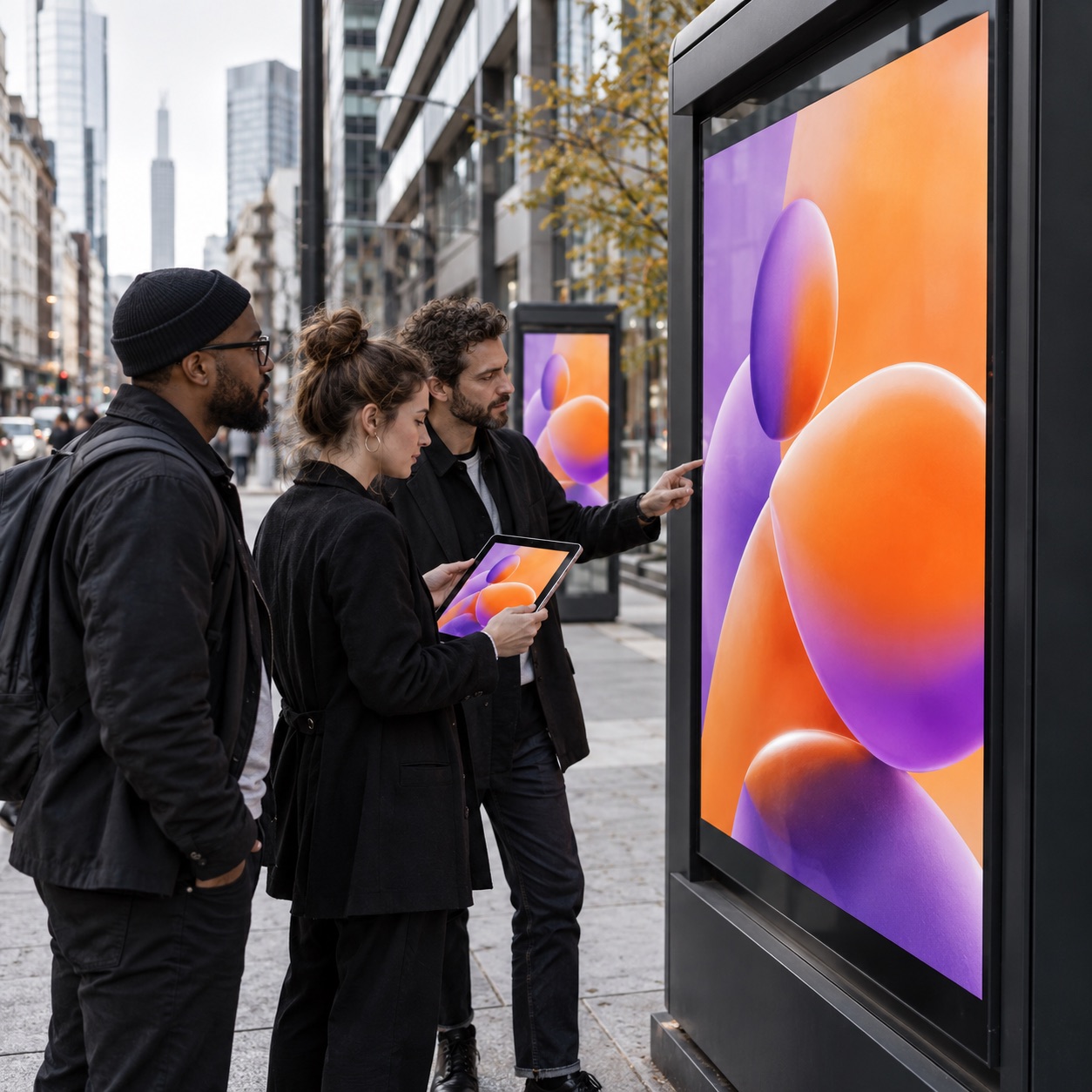 Advertising team viewing a digital street campaign display