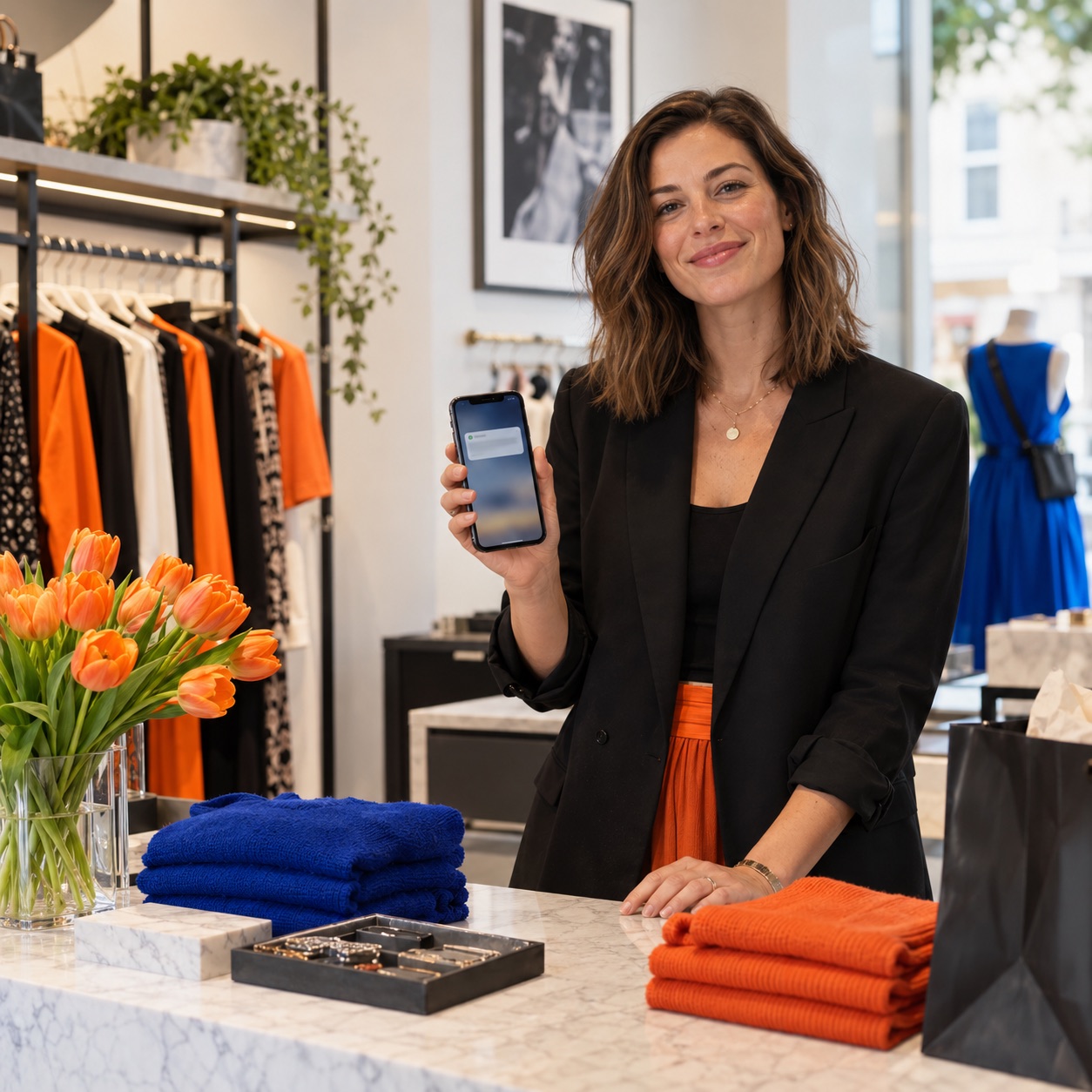 Retail owner reviewing customer messages on a phone