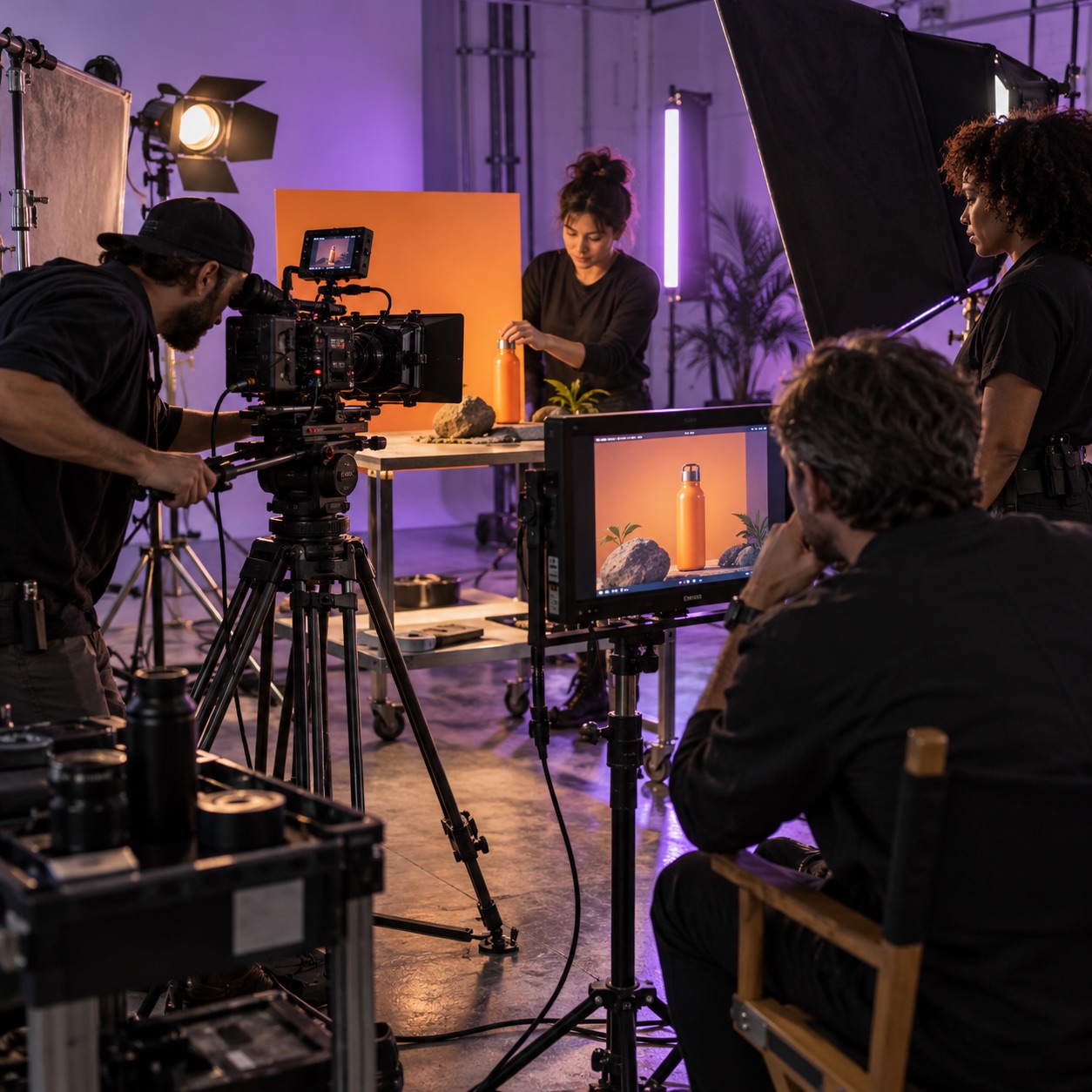 Video production crew filming a product in a studio